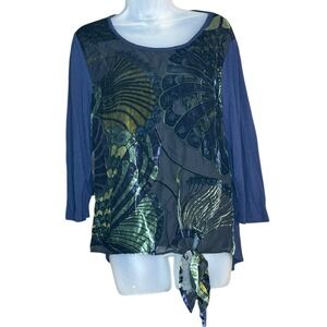 Chico's Velvet Burnout Butterfly Print Tie Front Blouse Size 1 Medium Blue Gold